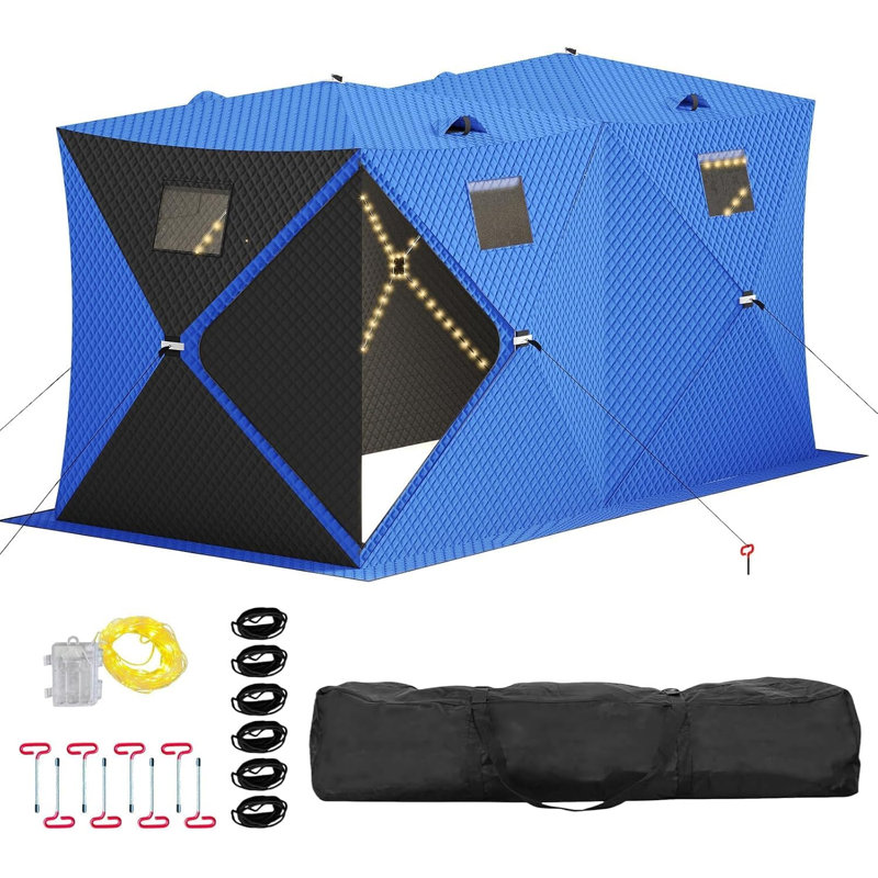 Pop Up Ice Fishing Shelter Tent with 49ft LED Light Strip，Fits 5-7 People，Blue+Black, Blue, 8 Person
