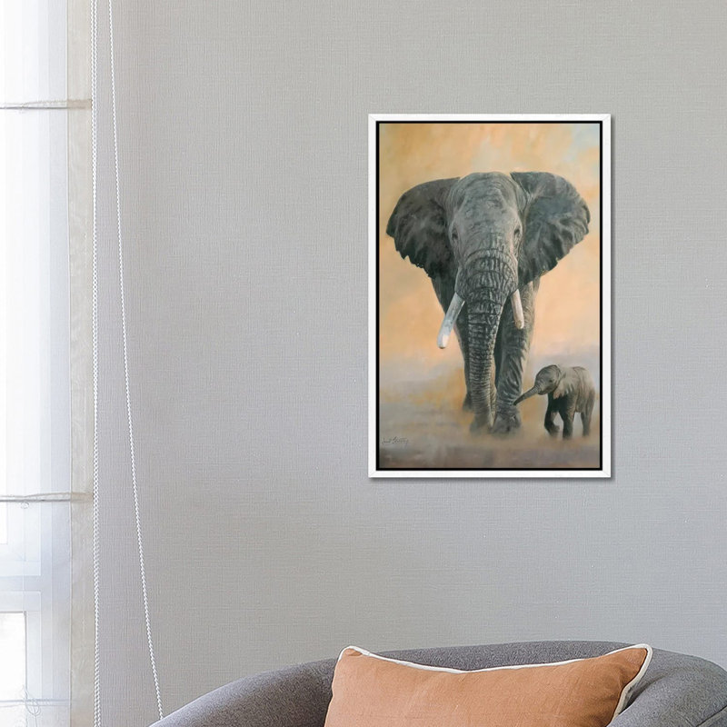 Elephant and Baby 1 Piece Painting on Canvas, 66.04 cm H x 45.72 cm W, White Framed
