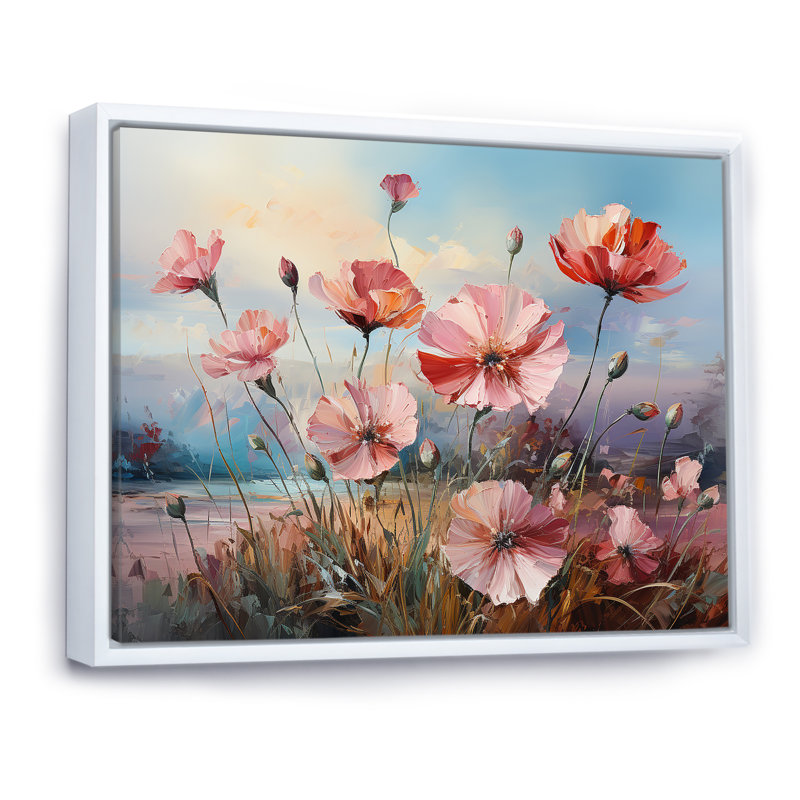 Œillets mauves, charme de campagne III sur toile, Cadre flottant blanc, H 24 po x l 32 po x P 1 po