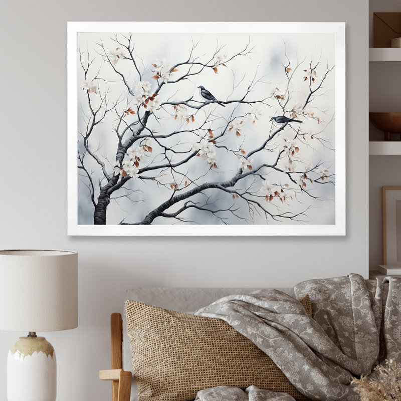 Gris floral Sprintime, oiseaux, art mural, Cadre flottant noir, H 16 po x l 32 po x P 1 po