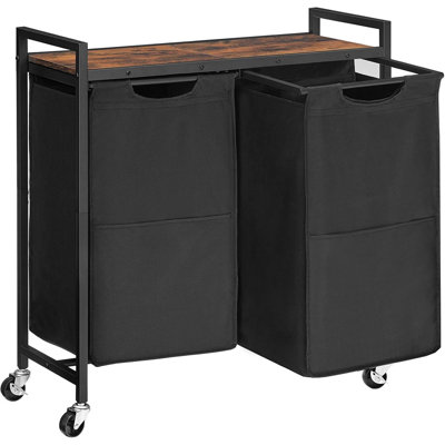 Laundry Hamper, Laundry Sorter 2 Section, 2 × 13 Gal (49.5l), Laundry Basket With Wheels, Rolling Cart, Pull-out And Removable Oxford Fabric Laundry Bags, Rustic Brown And Black Bf72xy01