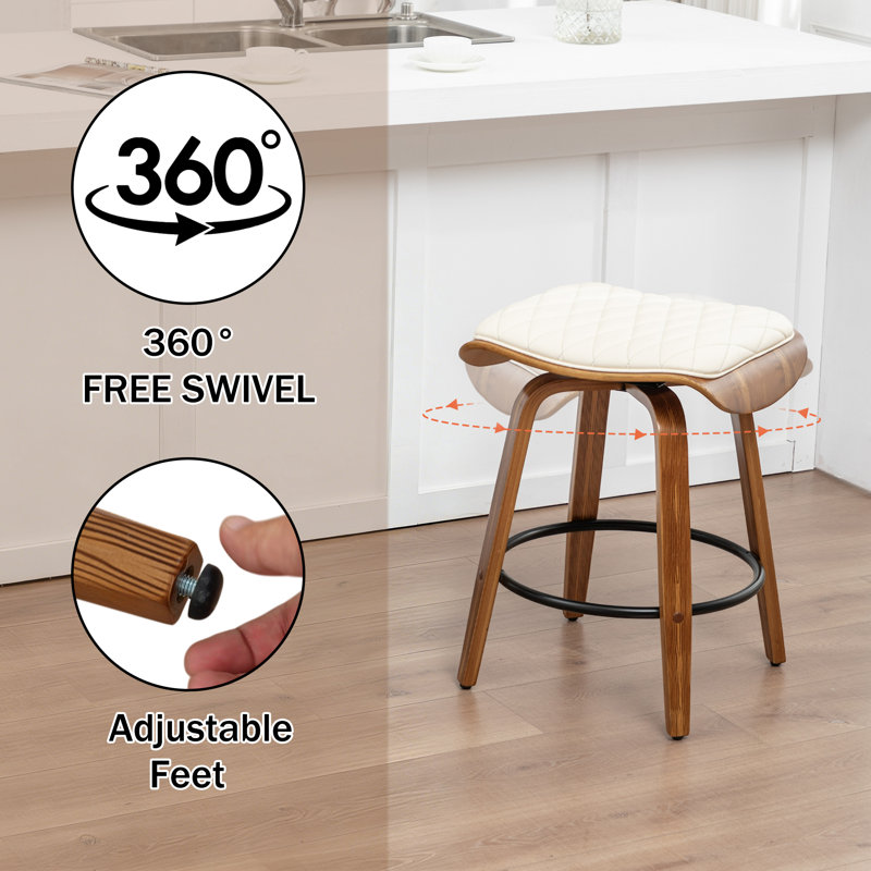 Deering Modern Upholstered Faux Leather 360° Swivel Stool with Curved Wood Legs, Beige