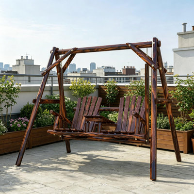 Balancelle en bois avec support, balancelle de patio 2 places avec table centrale