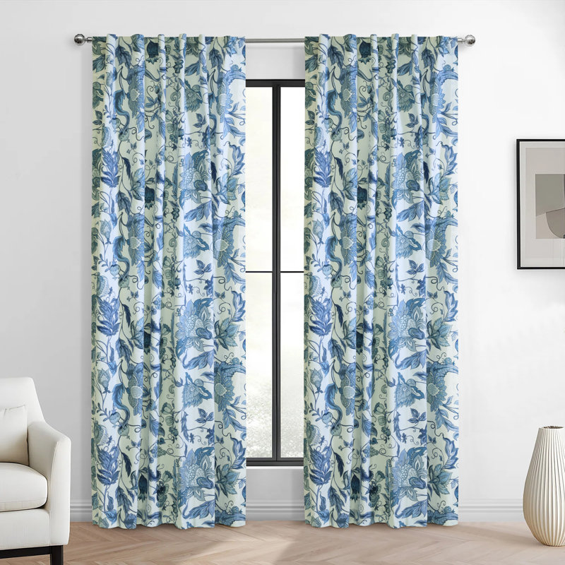 Jacobean Garden Light Filtering Dual Header Curtain Panel in Blue, 52" W x 54" L