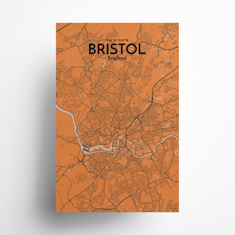 Bristol City Map In Orange - No Frame Print, 17cm H x 11cm W x 0.05cm D
