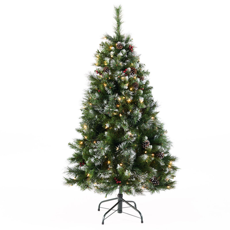 Arbre articulé de 4,5 pi avec des baies rouges et du pin, 200 cl, 407 pointes, processus d'assemblage simple