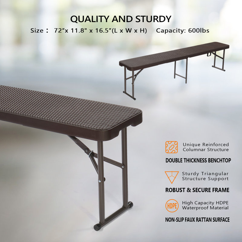  Banc pliant en plastique pour patio, Brun, H 16,93 po x l 72,05 po x P 11,81 po