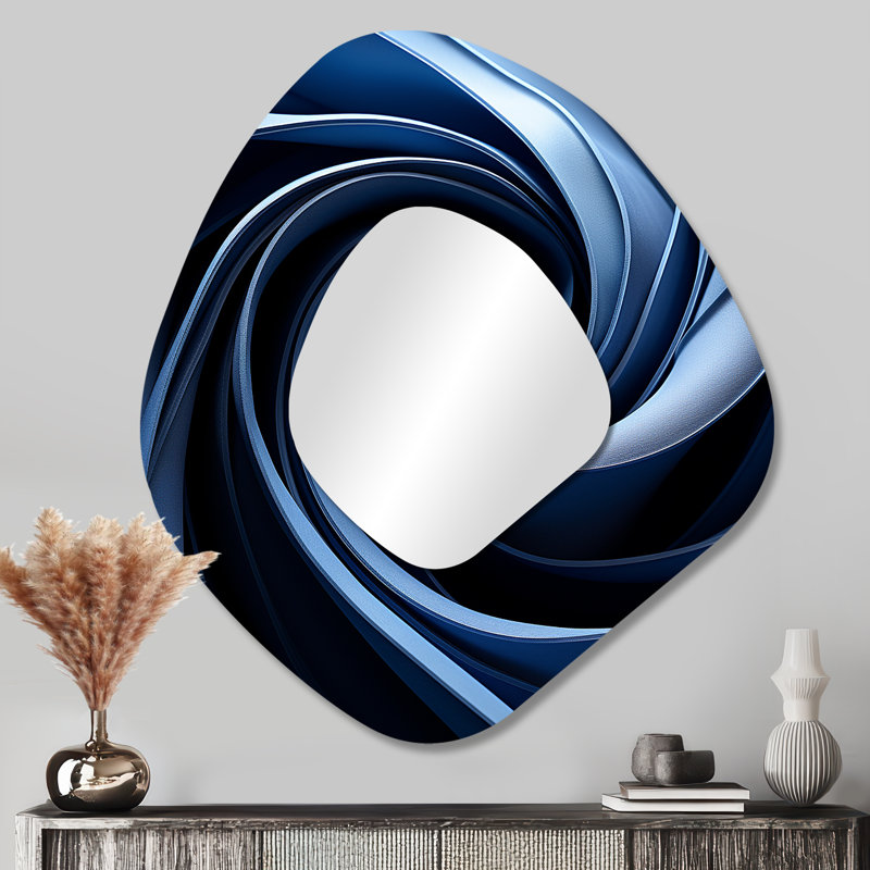 Flemingdon spiraling bleu abstrait vortex II - miroir de forme unique spirales abstraites, miroir mural décoratif asymétrique bleu, impression sur métal