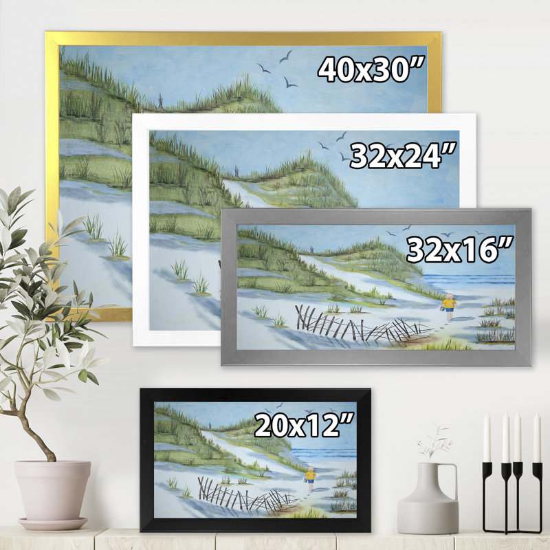 L'enfant qui marche sur la plage - Peinture sur toile, H 30 po x l 40 po x 1,5 po, Cadre noir