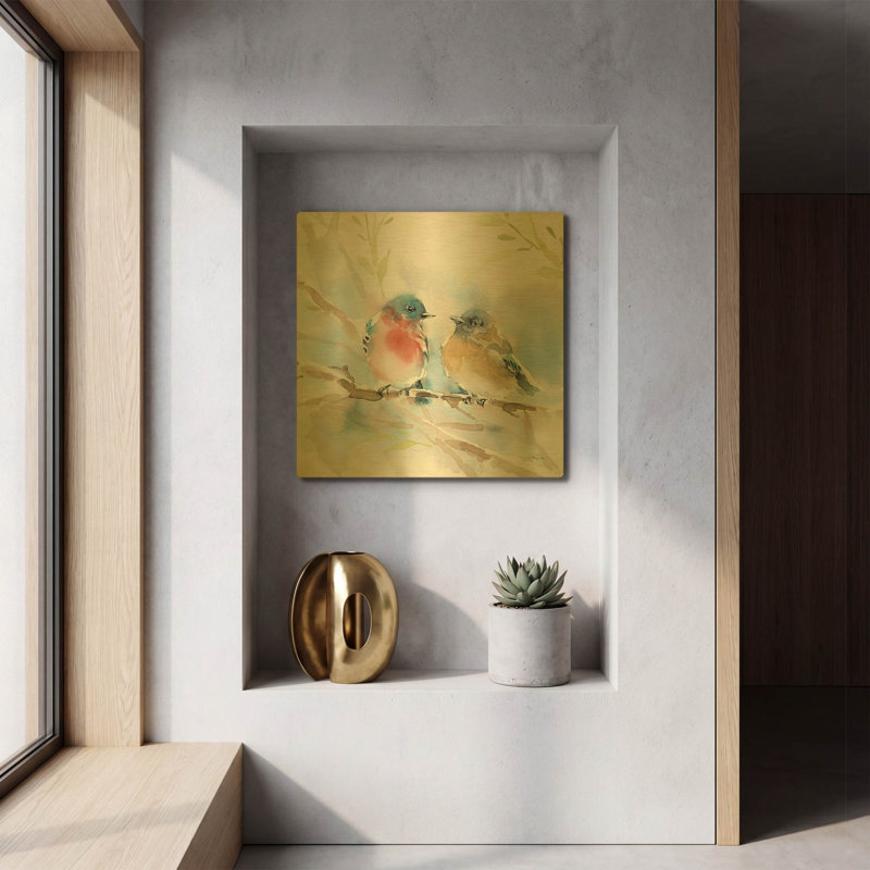 «Bluebird Couple in Spring» par Katrina Pete, art mural en métal doré, 12 po x 12 po, 12 po x 12 po