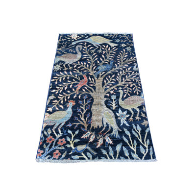 Tapis oriental bleu en laine noué à la main 2 pi 10 po x 4 pi 9 po - MOA10288501