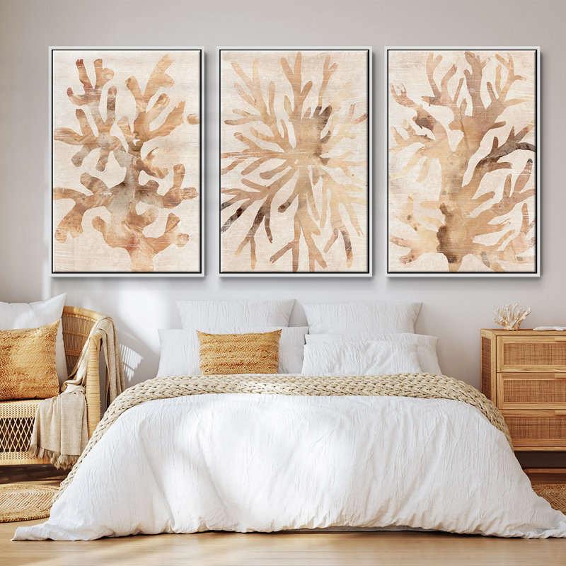 Parchment Coral I - Ensemble de 3 cadres flottants sur toile, Blanc, H 27 po x l 54 po