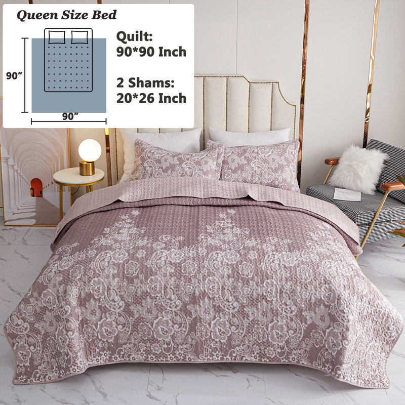 Ensemble de courtepointe Floral, Courtepointe pour lit grand + deux taies décorati, Violet