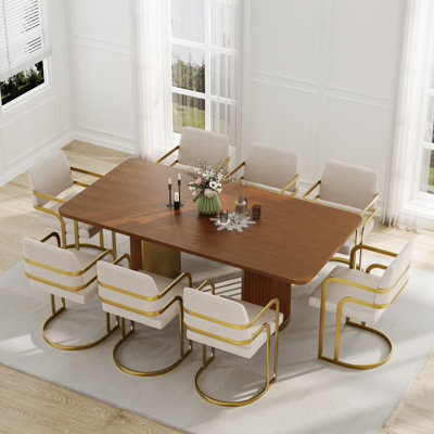 Farmhouse Dining Table Wood Dining Table Set With 8 Line Upholstered Dining Chairs