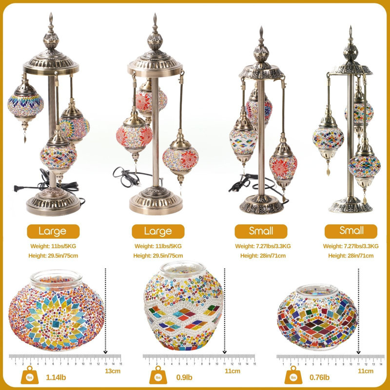 Lampe de table marocaine 28 "à 3 globes avec base en métal, lumière ambiante en verre mosaïque fabriquée à la main
