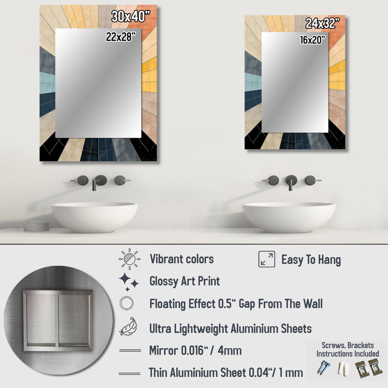 Mid-Century New Balance Abstract Geometrics III - miroir décoratif moderne Mid-Century, grand miroir mural bleu, impression d'art en métal