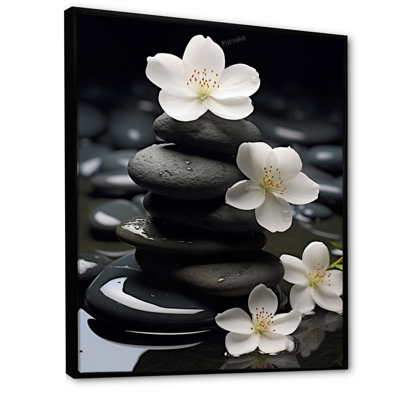 Zen Zen Serenity fleurs blanches pierre noire Cairn - impressions spirituelles sur pierre, H 32 po x l 24 po, Noir