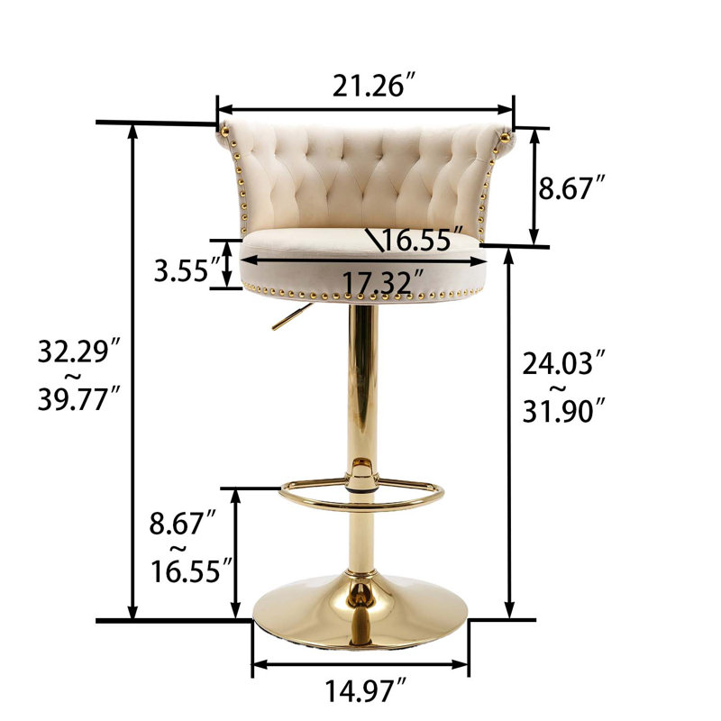 Modern Glam Set of 2 Tufted Velvet 360° Swivel Adjustable-Height Bar Stools with Gold Nailhead Trim for Kitchen Island and Home Bar