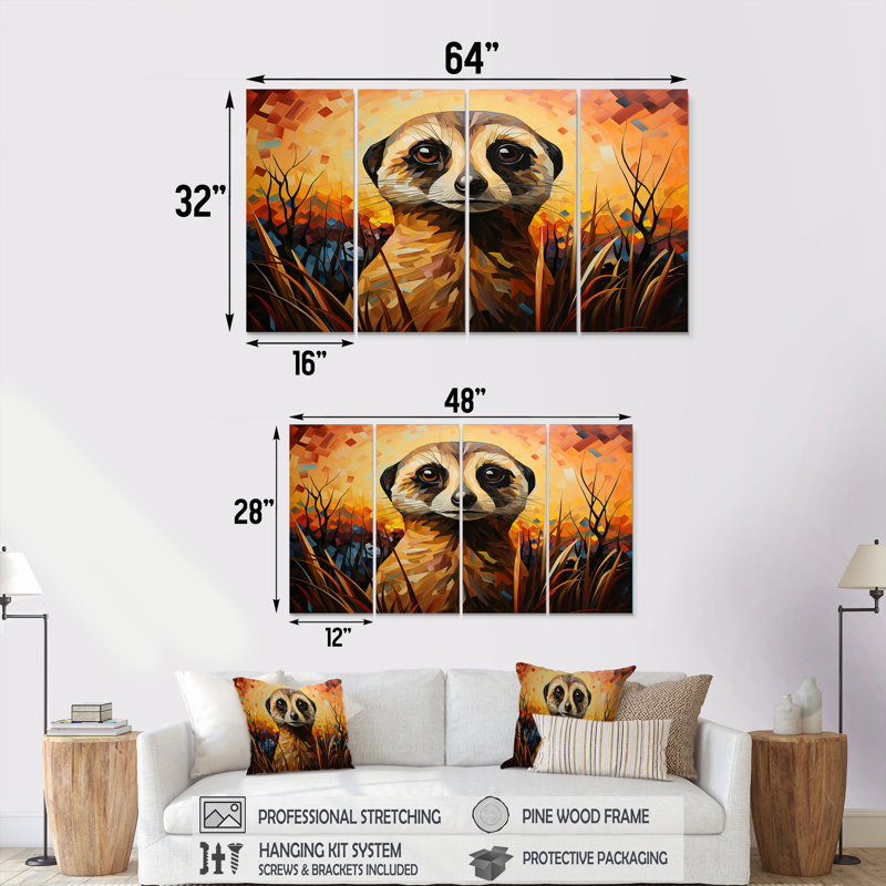 «Yellow Mekerat Floral Meadows - Meercat», art mural 4 pièces pour le salon, H 28 po x l 48 po