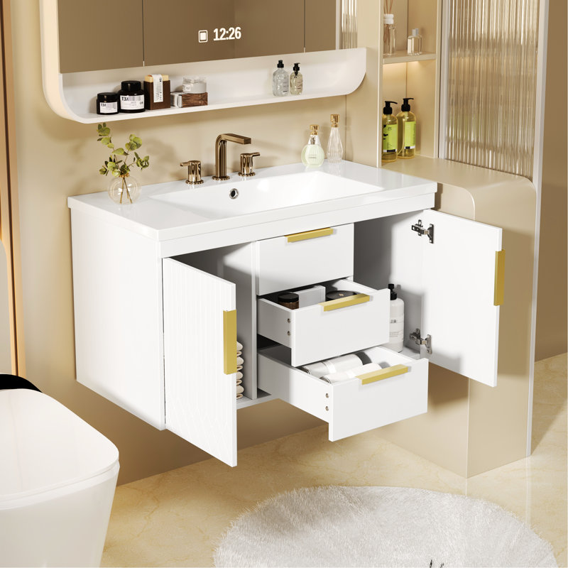 Meuble-lavabo 36 po, rangement mural flottant avec lavabo en résine, 2 tiroirs + 2 armoires, 2 planches, Blanc