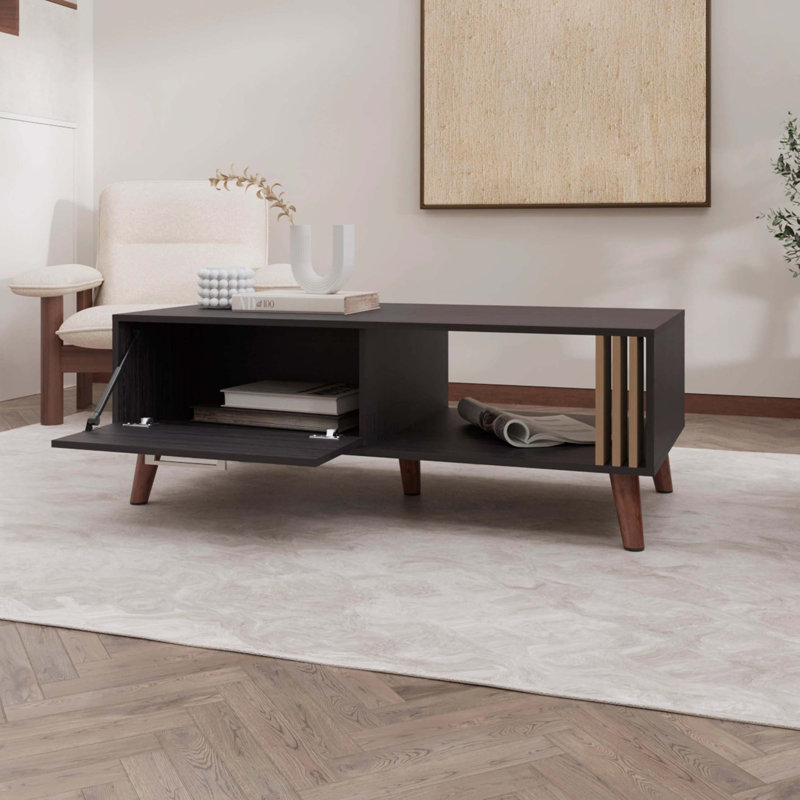 Table basse Wengue avec porte et rangement ouvert