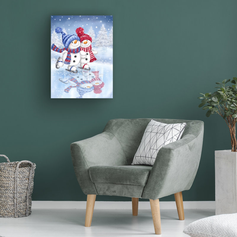 Art mural sur toile tendue - Art mural «Snowman Couple Skating» MAKiko pour décor de salon, de chambre à coucher ou de bureau - 35 x 47