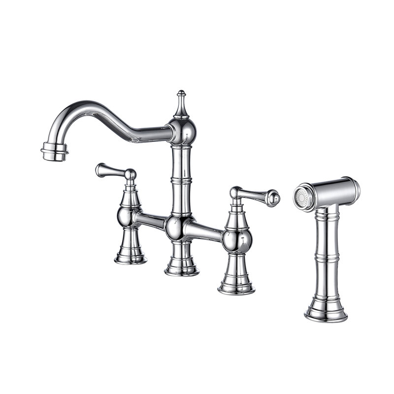 Bridge Dual Handles Kitchen Faucet With Pull-Out Side Spray, Chrome