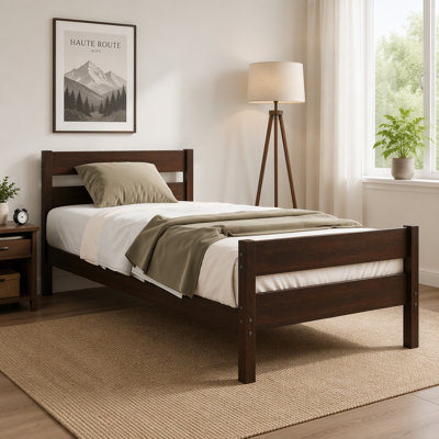 Structure de lit simple en bois d'hévéa massif avec tête et pied de lit à lattes, lit en bois robuste, aucun sommier requis