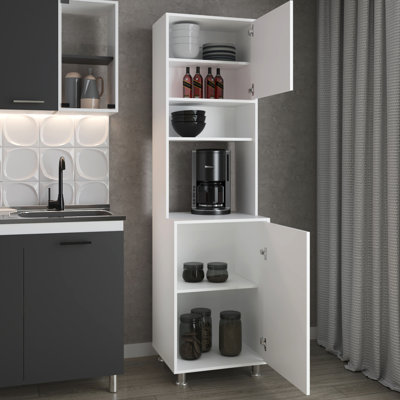 White Kitchen Pantry With Open Storage For Regular Use And 2 - Door Concealed Storage, Metal Legs A Stylish Decor Decorations Organization