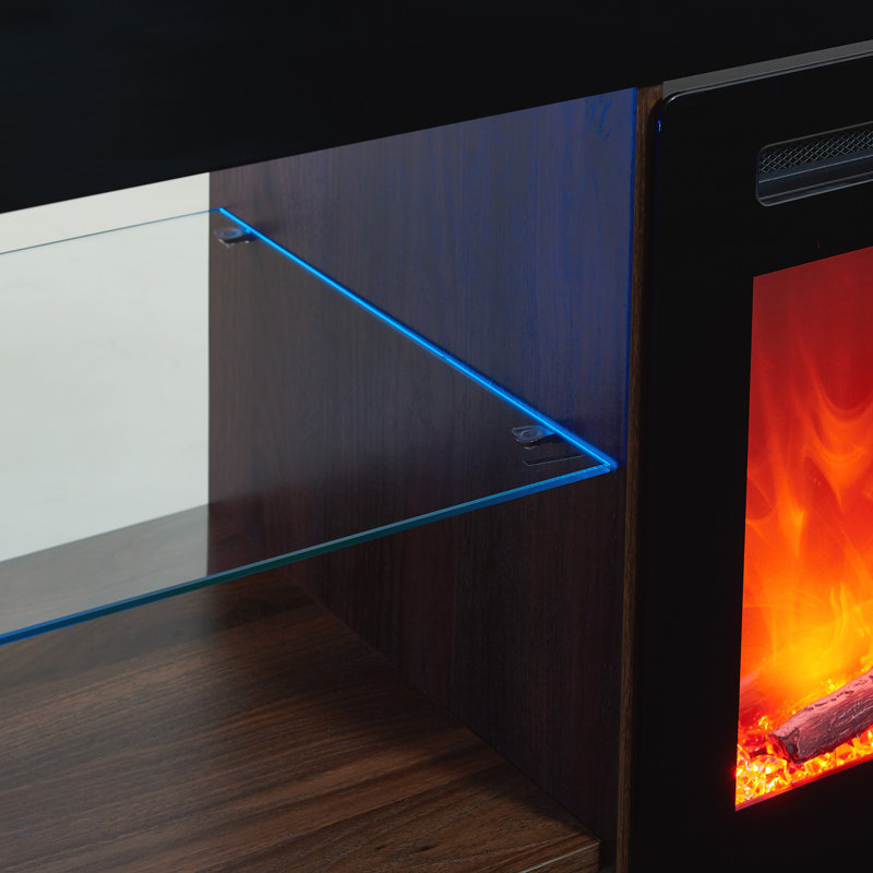 Avier Unfinished TV Stand for TVs up to 88" with Fireplace Included, Dark Walnut