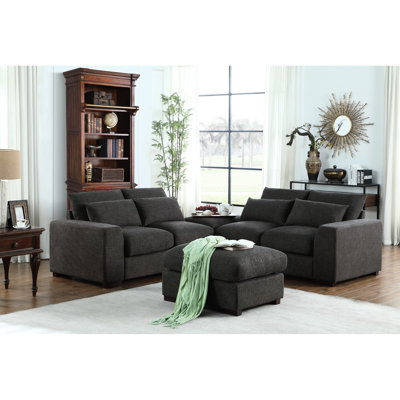 Canapé modulaire en lin avec 2 repose-pieds gris foncé