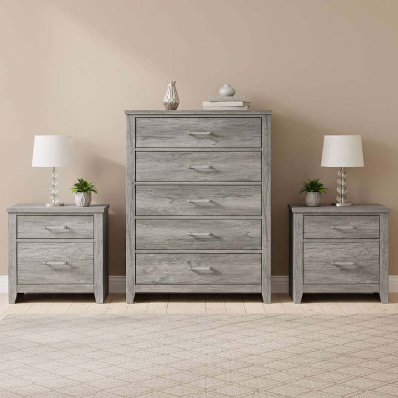 Ensemble de rangement pour chambre à coucher 3 pièces Harmony en gris vieilli avec commode et 2 tables de chevet