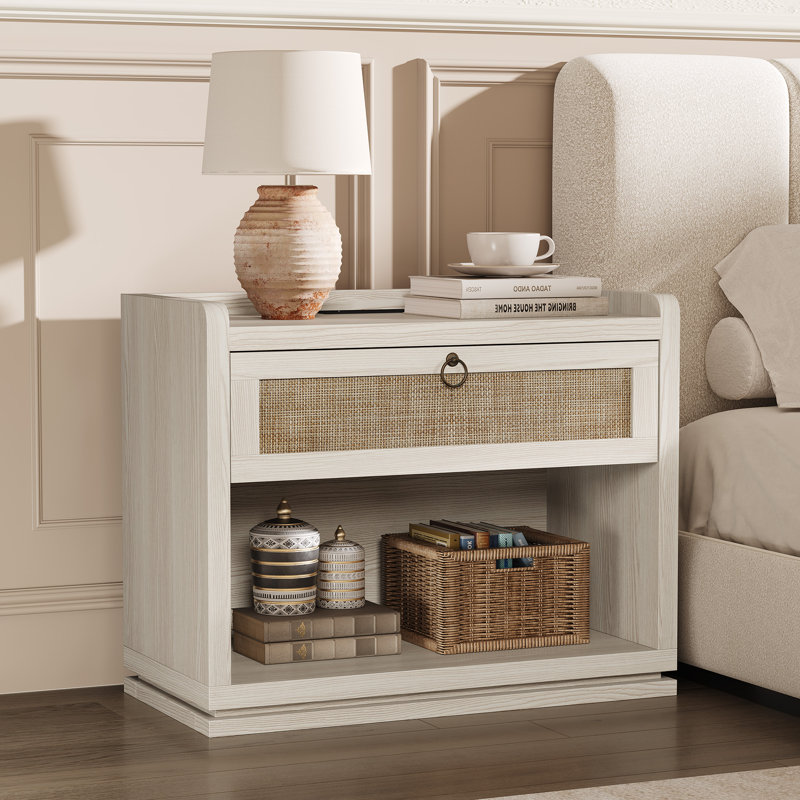 Table d'appoint moderne en rotin de 79 cm avec tiroir de rangement, table de chevet de style ferme pour salon ou chambre à coucher