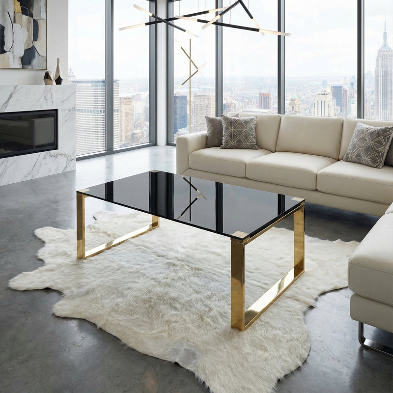 Mitre Coffee Table, Gold Metal and Black Glass