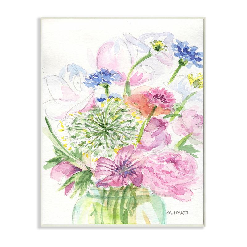Assortiment de fleurs de printemps dans un pot de conserve par Melissa Hyatt - peinture sur toile, H 19 po x l 13 po