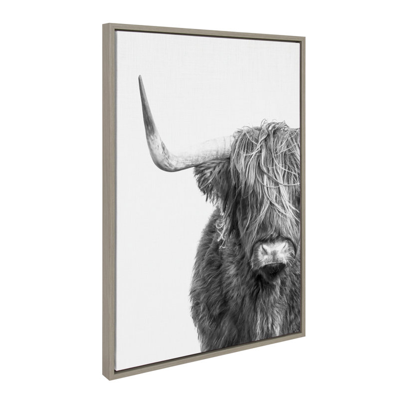 «B&W Highland Cow No. 1» par Amy Peterson, reproduction d'art sur toile encadrée, H 33 po x l 23 po x P 1,62 po, Gris