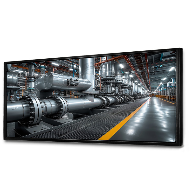 Décoration murale monochrome jaune et gris industriel - usine, Toile avec cadre flottant noir, H 28 po x l 60 po x P 1,5 po