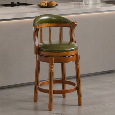 Tabouret de bar pivotant à 360° en cuir de vache et bois, avec dossier, hauteur bar et comptoir, vert, pour cuisine, salle à manger et bar à domicile