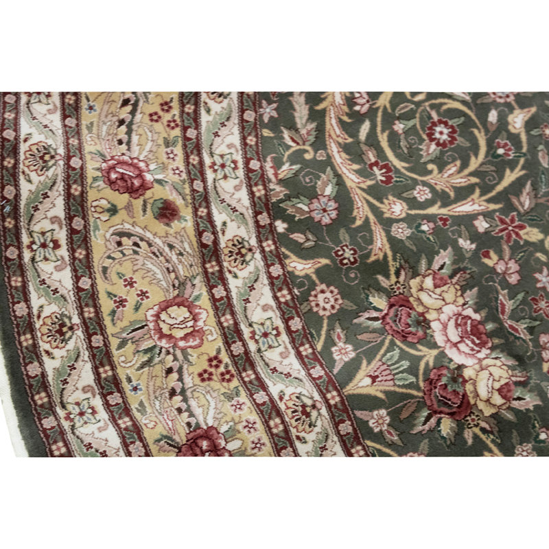 Tapis unique vert olive / beige / blanc noué à la main de haute qualité