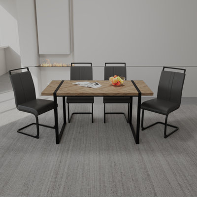 59 " Dining Table Rural Industrial Rectangular MDF Light Wood Set and PU Armless Dining Chair Set, 4-piece. Kitchen Black Metal Table Leg Dining Chair