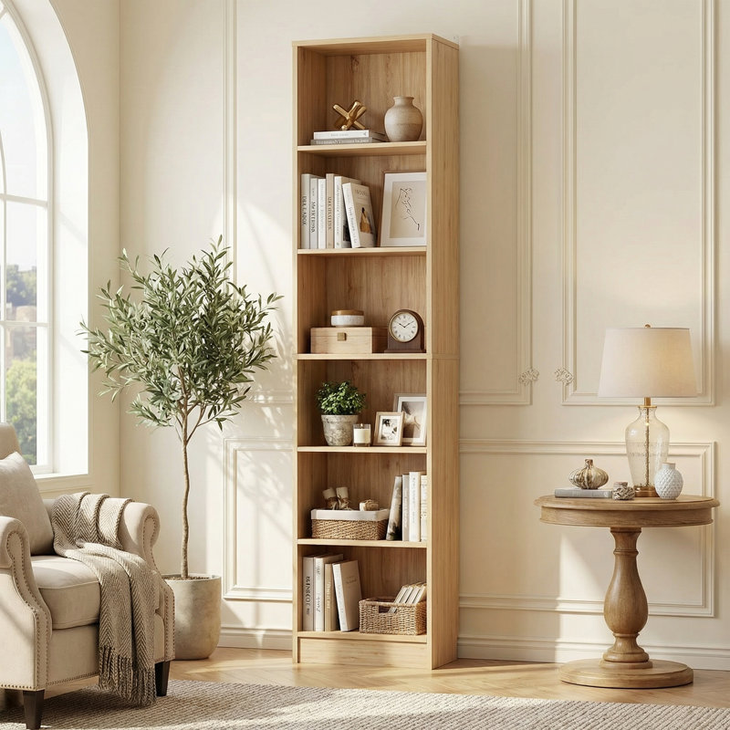79.7"H 6 Shelf Bookcase With 2 Adjustable Shelves, Brown Oak