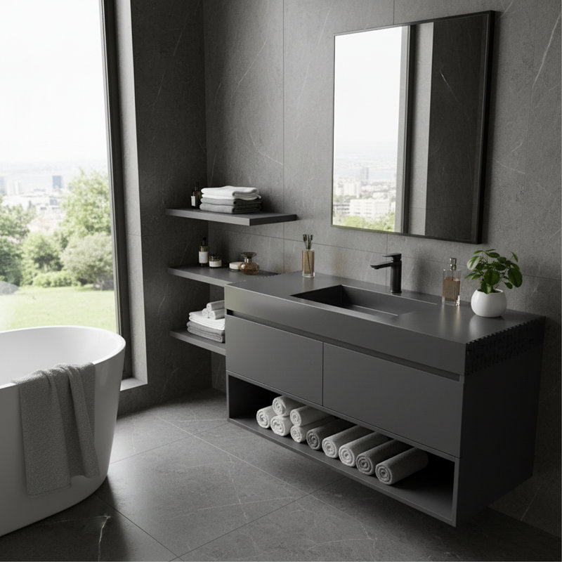 Lavabo de salle de bain rectangulaire en pierre à surface solide Casainc, Noir
