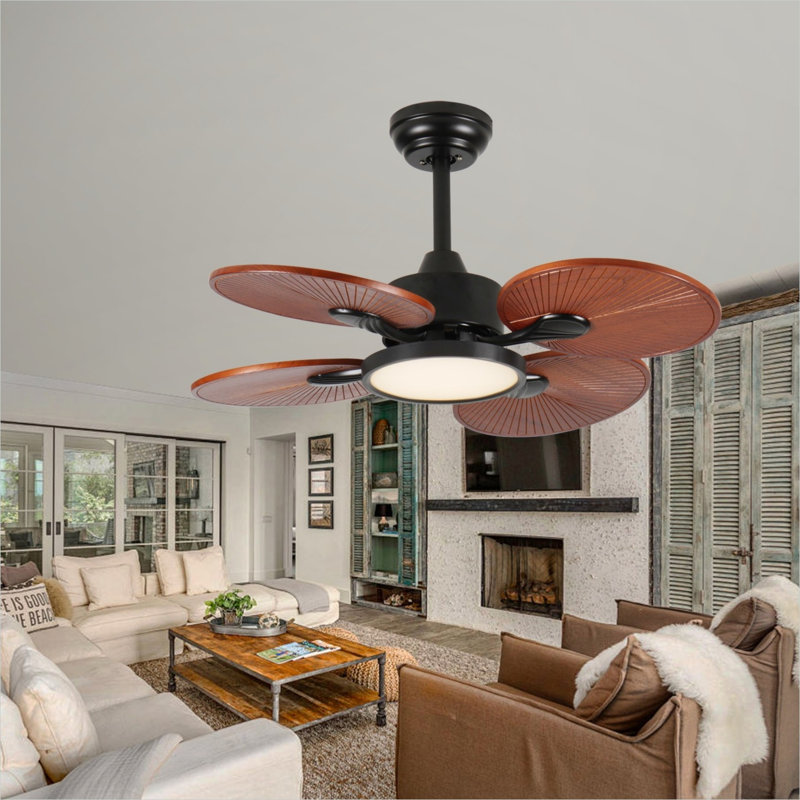 Ventilateur de plafond de salon avec lumière, pales en bois au fini naturel de 33 pouces, moteur à courant continu, flux d'air réversible