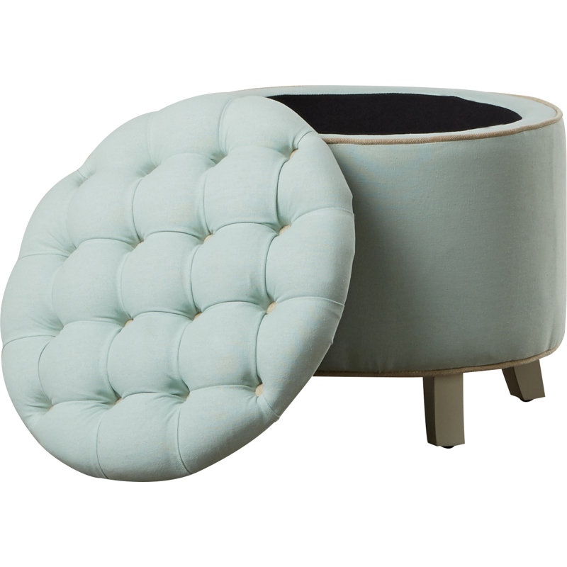 Alethea Velvet Tufted Round Solid Colour Ottoman with Storage, Blue Linen