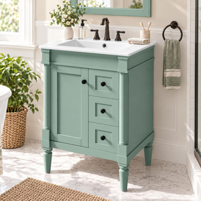 Meuble-lavabo moderne de 61 cm (24 po) avec lavabo en céramique, 1 porte et 3 tiroirs, tablette réglable, cadre en bois massif et MDF, charnières et glissières de tiroir à fermeture douce