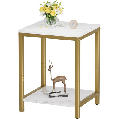White Faux Marble End Tables Small Side Table With Storage Wood Night Stand Gold Metal Frames 2 Tier Bedside Table With Adjustable Feet, 1PCS, White Gold