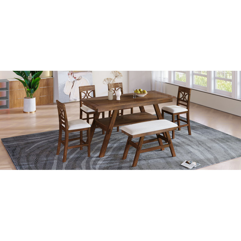 6-Piece Wood Counter Height Dining Table Set With Storage Shelf, Kitchen Table Set With Bench And 4 Chairs, Brown