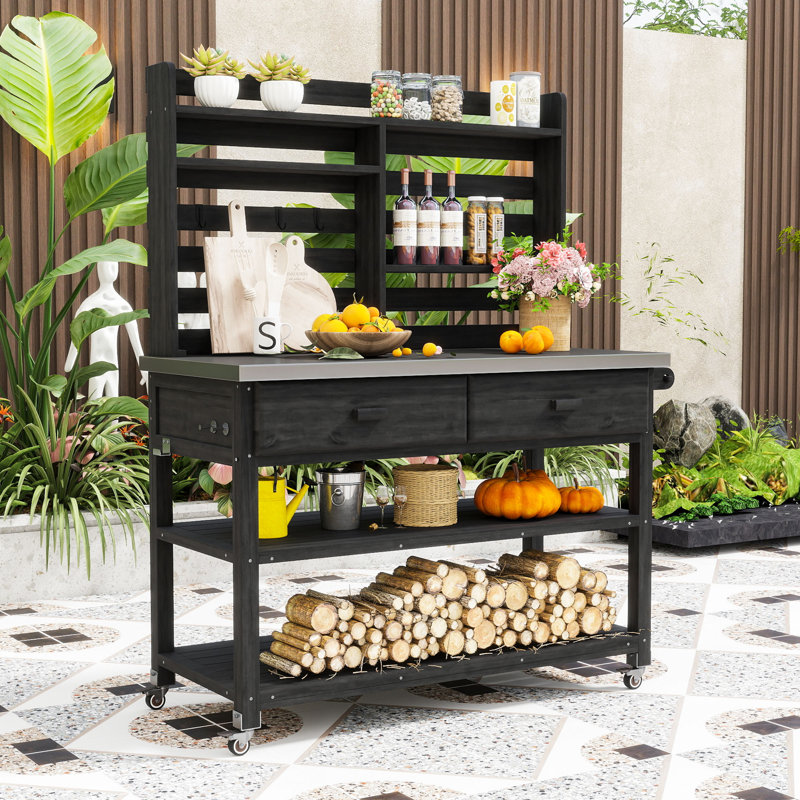 Mobile Outdoor Potting Bench with Stainless Steel Top, Storage Drawers and Slatted Shelves, Black