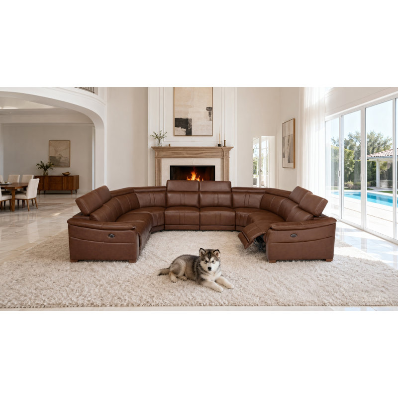 Mietoon Leather Match Large Seating Power Recliner Sectional, Dark Brown Leather Match