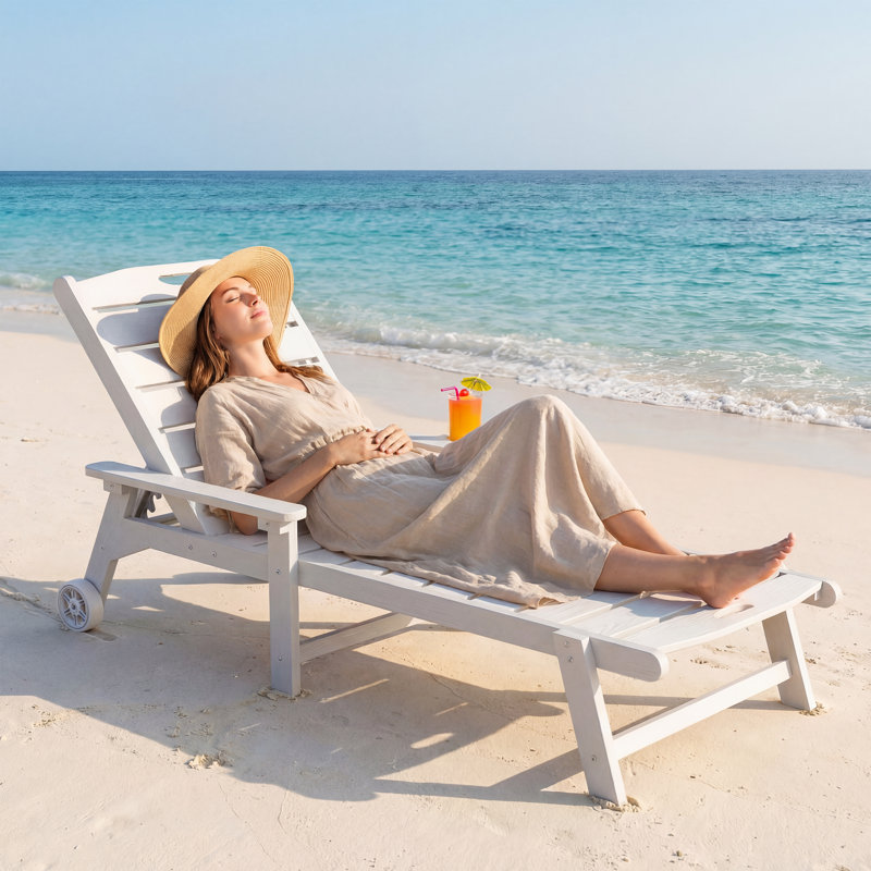 Outdoor Lounge Chair with 5-Position Adjustable, Pool Lounge Chair with Portable Wheels, Cup Holder, HDPE Tanning Chair for Outside, Poolside